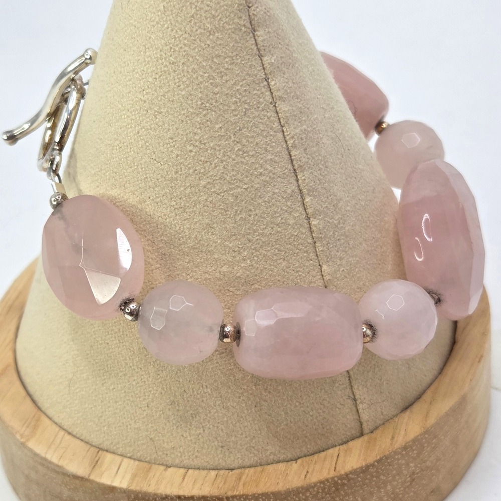 Sally C SX Rose Quartz‎ Beaded Bracelet Toggle Clasp .925 Sterling Silver 7.75"
